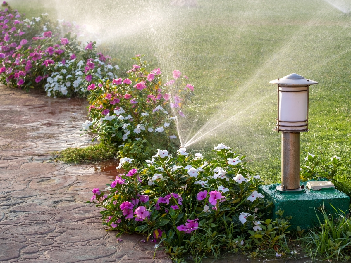 Bewässerungsanlage mit Sprinklern, die Blumenbeet mit bunten Blüten neben einem gepflasterten Weg bewässern