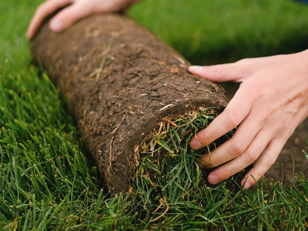 Hände rollen ein Stück Rollrasen mit sichtbarer Erdschicht auf grünem Gras aus